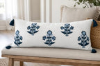 Blue Floral Hand Embroidered 14x36 Lumbar Pillow Cover, Ivory - Image 4