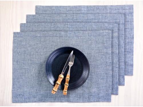 Solino Home 100% Pure Linen Placemats Indigo, Athena 14 x 19 in, Set of 4 by SolinoHome