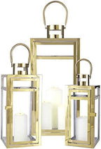 TRIROCKS Elegant Gold Stainless Steel Lantern Set- 3 Sizes (12", 15", 19") - Tempered Glass Panel Metal Lanterns for Versatile Indoor & Outdoor Decorating - Perfect for Celebrations - Image 3