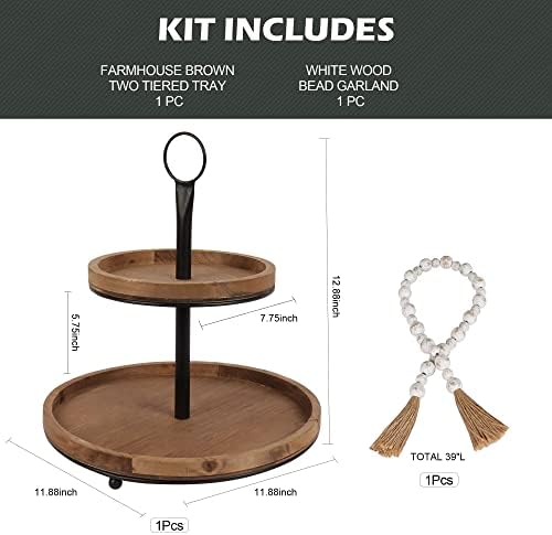 GENMOUS & CO. Farmhouse Tiered Tray Decor with Distressed Wood Bead Garland, Decorative 2 Tiered Serving Tray with Metal Handle for Rustic Home Décor - Image 4