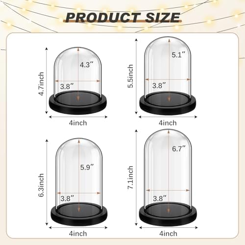 Suclain 4Pc Glass Dome Cloche with Wood Base, Black, 4.3/5.1/5.9/6.7 x 3.8 - Image 2