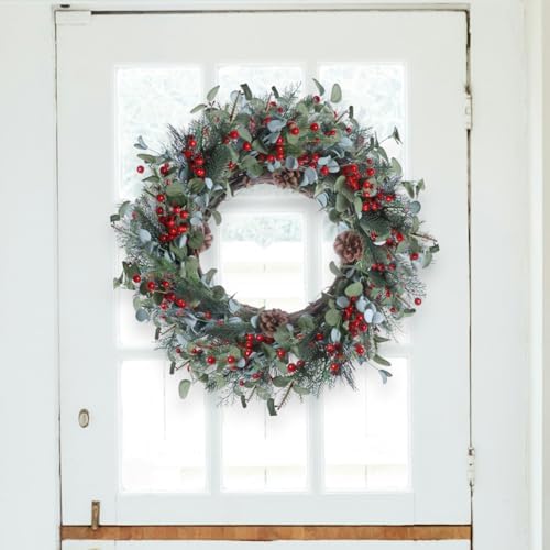 20 Inches Christmas Wreath Winter Wreaths Holiday Christmas Wreaths for Front Door Christmas Berry Wreath with Pine Needles Pine Cones Red Berries for Window Indoor Outdoor Winter Decorations - Image 4