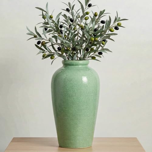 Green Ceramic Vase - 11 Inch Tall Modern Flower Vase for Pampas Grass, Pottery Decorative Vase for Centerpieces, Farmhouse Decor, Living Room, Kitchen, Shelf, Table Decor by Wancetang