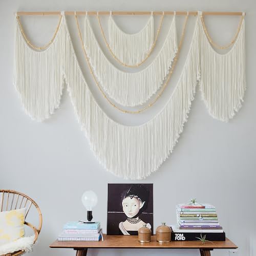 Macrame Wall Hanging Boho Yarn Art Tassel Beaded Handmade Decor 57"W*41"L by FLBER