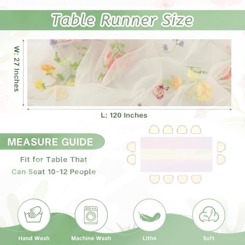 QueenDream Beige Apricot Floral Table Runner 10FT Spring with Embroidery Tulle Wildflower - Image 4