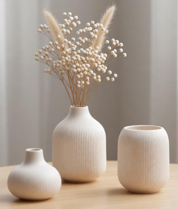 White Ceramic Vases for Decor, 3 Set Small Modern Minimalist Ribbed Vases Decorative for Table Shelf Decor Bookshelf Decoration Vase by VASETOPIA
