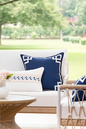 Hofdeco Premium Coastal Patio Indoor Outdoor Lumbar Pillow Cover Only, 12"x20" Water Repellent for Backyard, Couch, Neutral Tan Embroidered Frame Leafs with Piping - Image 2