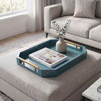 Decorative Wood Serving Tray with Polished Gold Handles, Octagon MDF Tray, Glossy Finish, 16x12 Inch, for Coffee Table, Ottoman (Teal) - Image 7