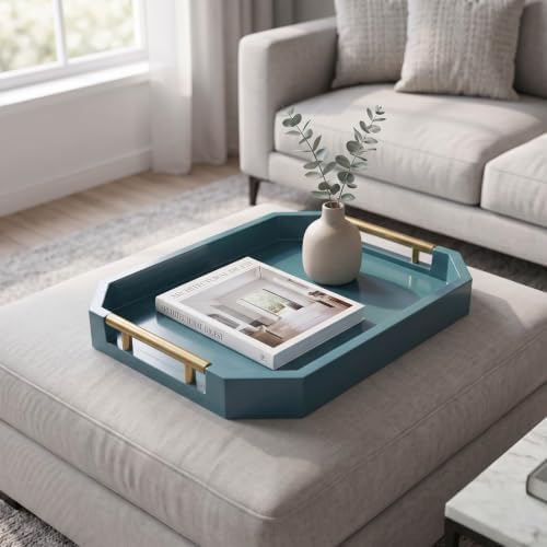 Decorative Wood Serving Tray with Polished Gold Handles, Octagon MDF Tray, Glossy Finish, 16x12 Inch, for Coffee Table, Ottoman (Teal) - Image 7