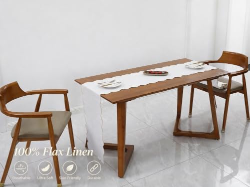 100% Natural Linen Rustic Scalloped Embroidery Table Runner 72 Inches Long, Linen Table Runner 14 x 72 Inch Ideal for Dresser and Dining Tables Decor, 4-6 Sets, 14x72'', White(Edges-Gold) - Image 3