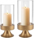 Gold Hurricane Candle Holder with Glass Cylinder Metal Pedestal Candlestick by GlowThatTurnsHousesIntoHomes