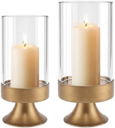 Gold Hurricane Candle Holder with Glass Cylinder Metal Pedestal Candlestick by GlowThatTurnsHousesIntoHomes