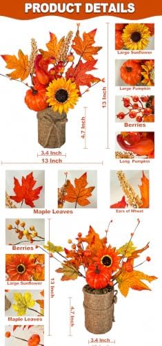 [2-Style & Light Timer] 2 Pack 13 Inch Fall Decor Table Centerpiece with Lights 20LED Maple Arrangement Potted Pumpkin Sunflower in Burlap Fall Decorations for Home Kitchen Office Autumn Thanksgiving - Image 2