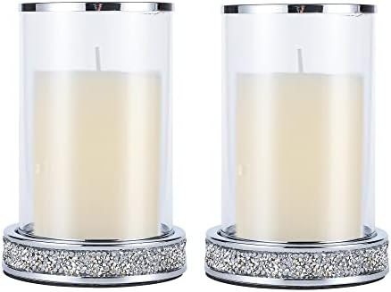 Pillar Candle Holders set of 2,Hurricane Candle Holders for Pillar Candle,Glass Candle Holder for Coffee Dining Table, Wedding, Christmas, Halloween, Home Decoration,Silver Candle Holders by Hanjue