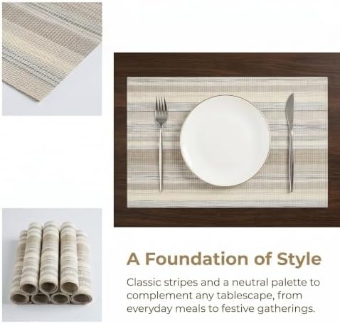 Textile Placemats Set of 6 - Heat Resistant Non-Slip Wipeable Place Mats for Party/Indoor/Outdoor Kitchen Dining Table, Washable Durable Woven Table Mats（Beige, 6） - Image 4
