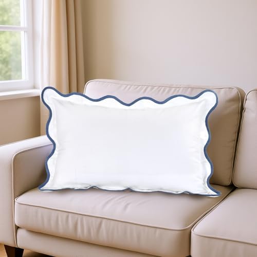 Ridhi White with Blue Scalloped 100% Cotton Throw Pillow Covers 12x20 Inch - Image 2