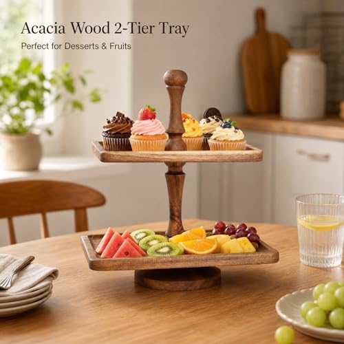 Acacia Wood 2 Tiered Serving Tray Display Stand - Image 4