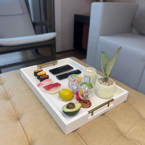 14x20 Inches White Faux Leather Wrapped Wood Serving Tray with Metal Handles for Various Occasions, Ottoman, Home Decor Decorative, Living Room, Coffee Table Organizer, Serving Breakfast On Bed - Image 3