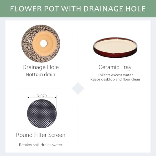 10.3 Inch Ceramic Glaze Plant Pot with Saucer, Flower Pots with Drainage Hole Mesh Net (Spot White) - Image 4