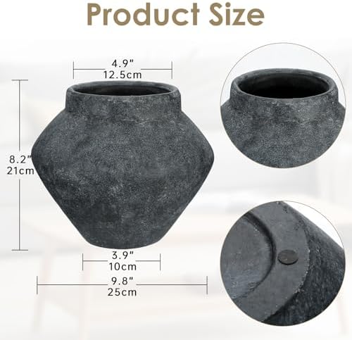 Briful Large Rustic Ceramic Vase with Distressed Finish, 8.2'' Tall Wide-Belly Decorative Flower Vases with Felt Pads, Retro Style Pottery for Home Decor, Table Centerpiece, Black - Image 3