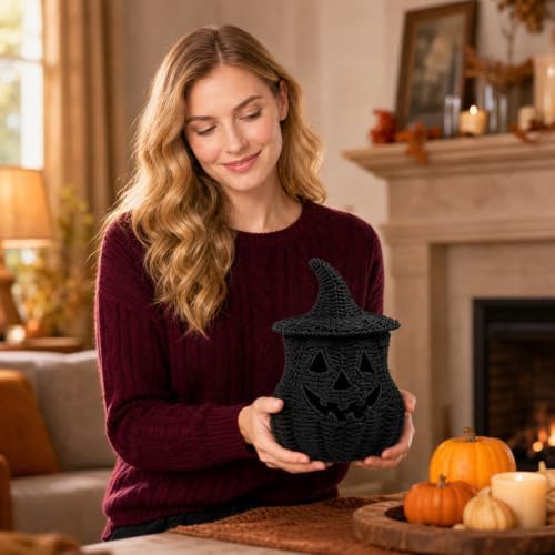 TREBIN 11'' Wicker Pumpkin Lantern Halloween Decor, Handwoven Rattan Halloween Candy Basket Jack O Lantern Candle Holder, Rustic Witch Hat Pumpkin Decoration for Tabletop Porch Mantel (Single-Beige) - Image 6