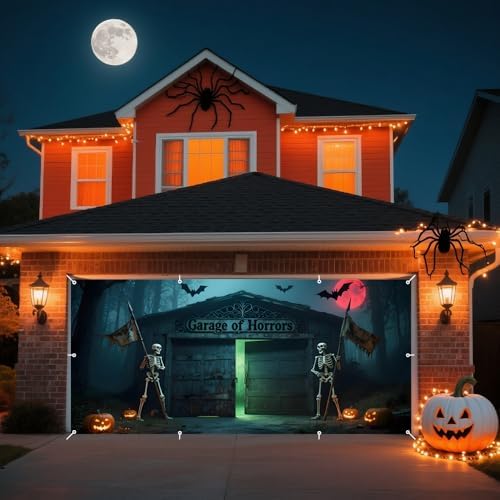7x16ft Halloween Garage Door Banner Decoration Red Moon Skeleton Misty Haunted Forest Halloween Garage Door Cover for 2 Car Large Horror Covers Decorations for Party Outdoor Decor - Image 5