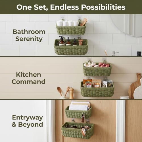 Wall Baskets Set of 2, Wicker-Style Hanging Baskets for Kitchen Bathroom Entryway Garages Porch Door Decor and Organizing, Green, Plastic - Image 2