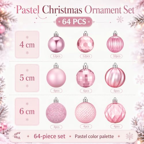 Lunmon 64 Pieces Pink Christmas Ball Ornaments Shiny Pink Xmas Bulbs - Image 3