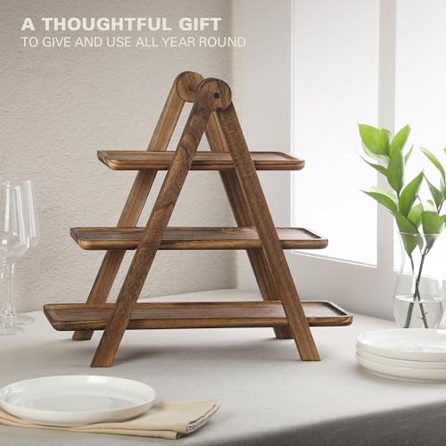 Gibson Home Truss Peak 3 Tier Serving Tray for Party, 18" Acacia Wood Cupcake/Charcuterie/Dessert Farmhouse Tiered Platters with Collapsible Wood Rack - Image 4