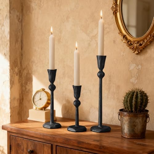 Set of 3 Antique Black Taper Candle Holders Cast Iron Candlestick Holder - Image 5