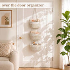 TeoKJ Over the Door Hanging Basket, 3-Tier Woven Cotton Wall-Mounted Storage Organizer Bag Decorative Hanging Nursery Baskets, White & Rainbow Stitching - Image 2