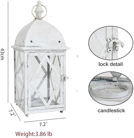 17" Vintage Distressed White Metal Lantern, Glass Paneled Hanging Candle Lantern, Rustic Farmhouse Decor for Indoor & Outdoor Patio, Garden, Wedding & Entryway Display - Image 6