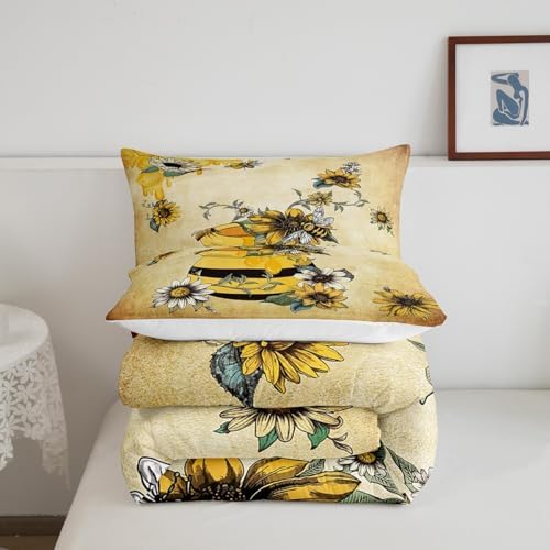 Erosebridal Yellow Bee Bedding Set,Sweet Honey Can Comforter Set for Teens Adult Women,Gerbera Floral Duvet Set 3Pcs with 2 Pillow Cases,Vintage Cartoon Microfiber Down Comforter,Full Size - Image 5