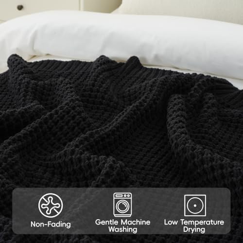 Waffle Knit Throw Blanket, Black Chenille Throw Blanket for Couch 50"x60" - Image 5