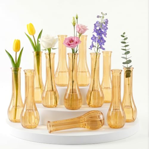 12 Pcs Gold Ribbed Glass Bud Vases for Centerpieces 8.5 Inch by saiguomi