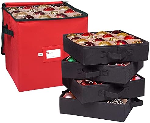 Christmas Ornament Storage Box, 4 Individual Trays Xmas Storage Container, Fits 64 Ornaments Decoration Balls, Constructed of Durable Polyester Material (Red) by Primode