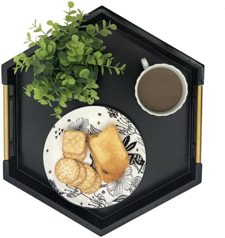Serving Tray with Polished Metal Handles, Hexagon Coffee Table Tray, Modern Rectangle Decorative Tray, Large Ottoman Tray, Perfect for Storage and Display (Black Hexagon) - Image 7