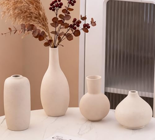 Beige Ceramic Vase Home Decor Small Flowers Vase Set of 4 Living Room Decoration Bookshelf Bedroom Kitchen Dining Table Modern Farmhouse by VASETOPIA