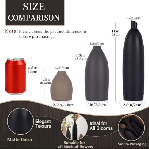 Ceramic Vase Set of 3, Matte Black Gray Taupe Vases, Modern Farmhouse Minimalist Decor, Waterproof Decorative Vases for Home, Shelf Mantel Table Centerpieces - Image 2