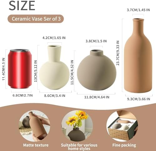 Vase Set of 3 | Ceramic Neutral Vases Home Decor | Rustic Flower Pottery Vases Modern Farmhouse Vase for Table Entryway Mantel Centerpiece Bookshelf Living Room Bathroom Bedroom -Brown Large - Image 2