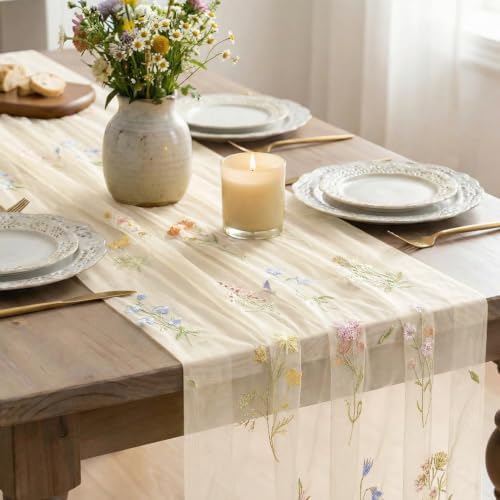 Artoid Mode 6PC Wildflower Floral Beige Apricot Gauze Embroidery Table Runner 120 Inch 10FT, Tulle Seasonal Spring Kitchen Dining Table Decor for Home Party - Image 4