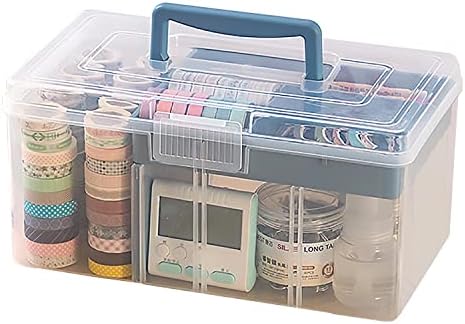 Clear Plastic Arts & Craft Supplies Organizer Box Large with a Removable Tray & A Partition & Handle, Office Home School Desktop Stationery Storage Box, Medicine Box (Clear & Ocean Blue) by Foreverie