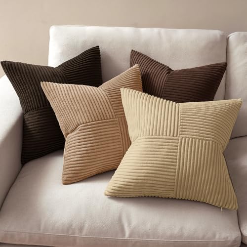MIULEE Boho Decorative Throw Pillow Covers 20x20 Set of 4 Farmhouse Neutral Cushion Cases Gradient Corduroy Pillow Cases Modern Soft Corduroy Patchwork Home Decor for Couch Sofa Bedroom Dark Brown - Image 3