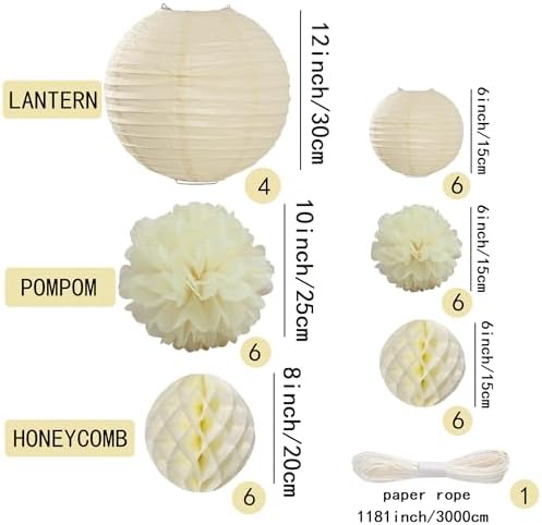 WOLHOWLTD Beige Paper Decoration Set - 34 Pcs Paper Lanterns, Pompoms, Honeycomb for Wedding,Harvest, New Year,School Day,Bridal Baby Shower,Birthday Party Classroom,Home Garden Decoration (Beige) - Image 2