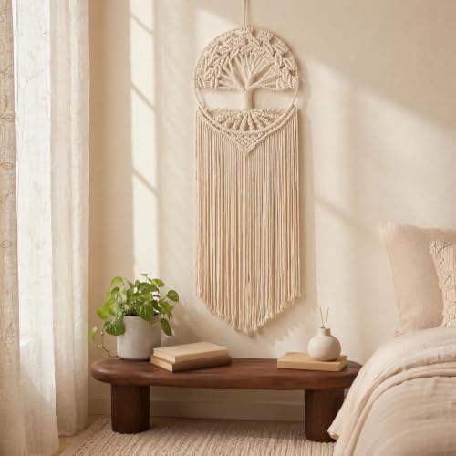 Sylfaen Tree of Life Macrame Wall Hanging - Boho Handmade Woven Tapestry - Dream Catcher Wall Decor Art Living Room - Macrame Tapestry Boho Decor for Bedroom (Beige) - Image 3