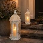 JHY DESIGN Set of 2 Decorative Candle Lanterns 22"&17" H Outdoor Vintage Metal Candle Holder for Garden Living Room Indoor Parties Weddings Patio Home Decor(White with Gold Brush) - Image 5
