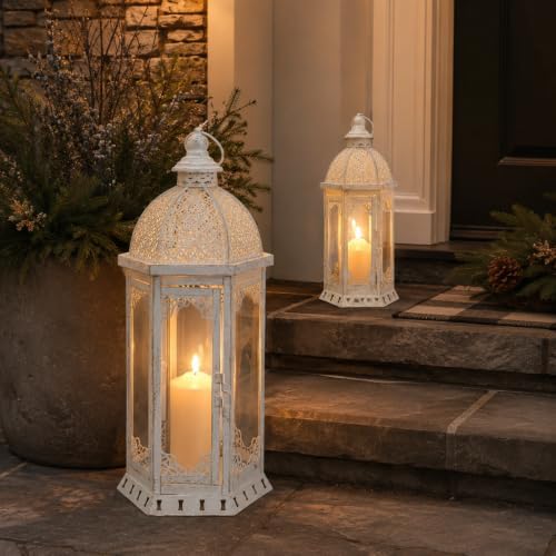 JHY DESIGN Set of 2 Decorative Candle Lanterns 22"&17" H Outdoor Vintage Metal Candle Holder for Garden Living Room Indoor Parties Weddings Patio Home Decor(White with Gold Brush) - Image 5