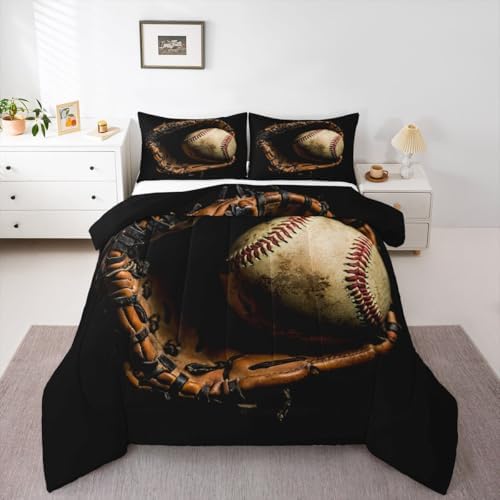 Erosebridal Baseball Comforter Set King Size Sports Game Bedding Baseball Player Duvet Insert for Kids Boys Teens Retro Style Quilt for Room Dorm Decorative, Brown Down Comforter by Erosebridal