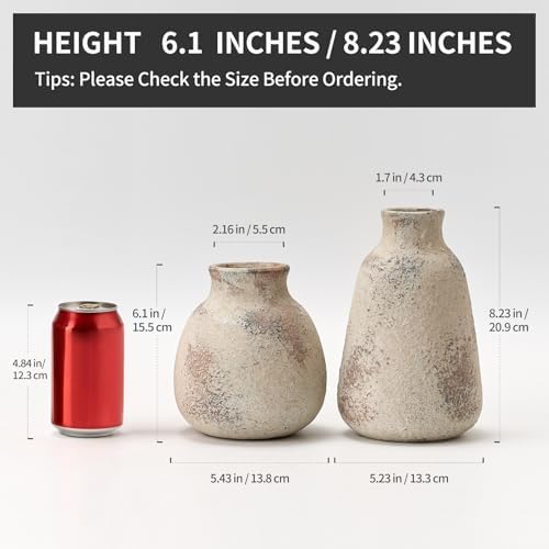 PORCER Ceramic Vase Set of 2 for Home Decor, Handcrafted Vintage Terracotta Vases, Rustic Farmhouse Decor, Minimalist Decorative Vase Set for Table Centerpiece Fireplace Nightstand Decoration - Brown - Image 2