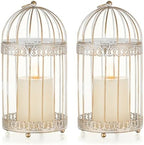 NUPTIO Decorative Bird Cage Lantern: 2 Set of 10 inch Tall Rustic White Birdcage Lanterns Centerpiece Vintage Decorating Metal Pillar Candle Holder for Christmas Bridal Shower Party Decor by Nuptio